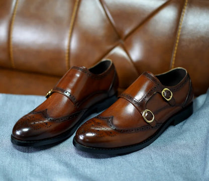Classic Men Genuine Leather Dress Shoes Brogue Double Buckle Monk Strap Metal Buckle Business Office Wedding Formal Shoes