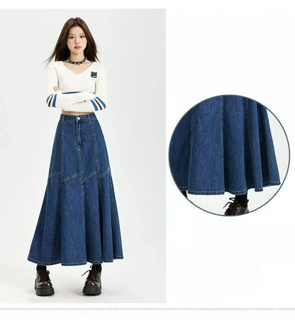 Women Blue A-line Denim Skirt Vintage Aesthetic Y2k Patchwork New Jean Skirt Harajuku Korean Cowboy Skirts 2000s Clothes Summer