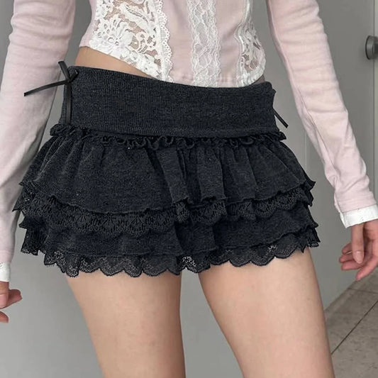 Sweet Cute Lace Fluffy Cake Skirt Korean Casual Elastic Low Waist Mini Skirt Y2K Women Clothing Summer Harajuku 2026