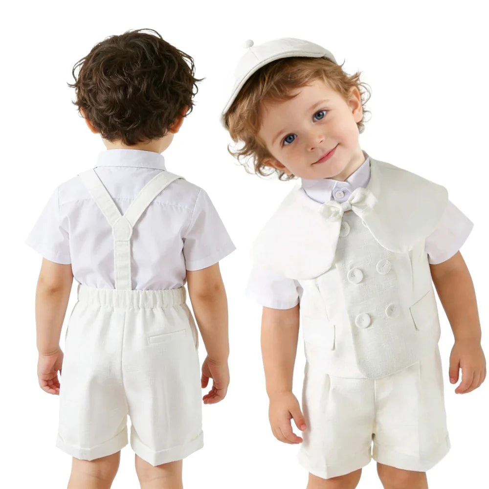 Boys White Linen Suit Set Summer Short Sleeve shawl  Vest & suspenders Shorts Gentleman Outfit for Wedding Party Occasions