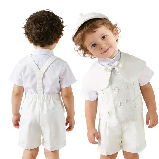 Boys White Linen Suit Set Summer Short Sleeve shawl  Vest & suspenders Shorts Gentleman Outfit for Wedding Party Occasions