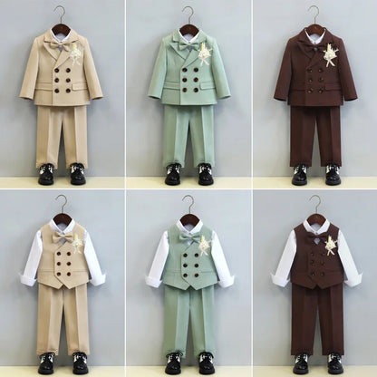 Children's Boys Autumn Formal Green Suit Boys Wedding Suit Children 1 To 14yrs Kids Blazer Pant Bowtie Flower Boys Suits Outfits