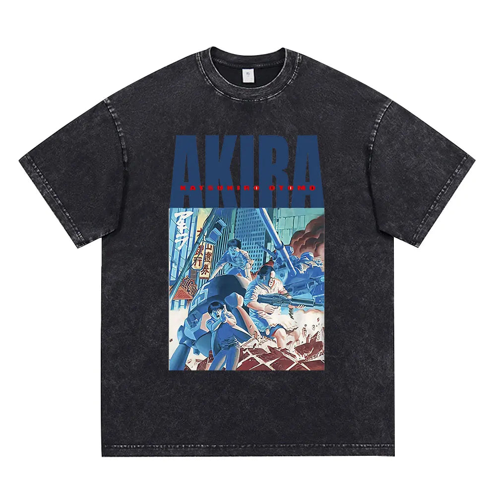 Japanese Anime Akira Washed Vintage T Shirt Science Fiction Cartoon Movie Shotaro Kaneda T-shirt Men Women Cotton Casual T-shirt