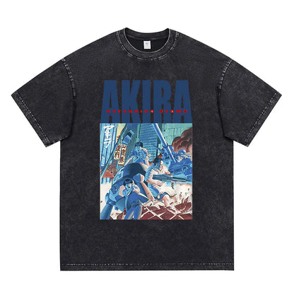 Japanese Anime Akira Washed Vintage T Shirt Science Fiction Cartoon Movie Shotaro Kaneda T-shirt Men Women Cotton Casual T-shirt