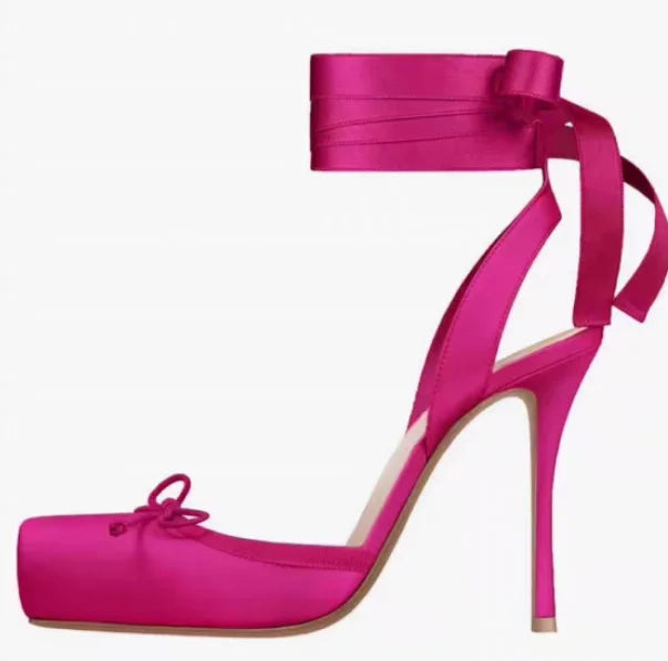 New style high heels with straps, satin toe cover, hollow square bow, thin heel, ballet style single shoes35-46