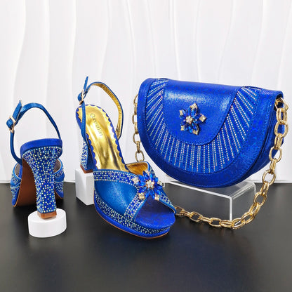 INS New Arrival Colorful Crystral Decoration Design Elegant Mature Party Wedding Peep Toe Ladies High Heels and Bag Set