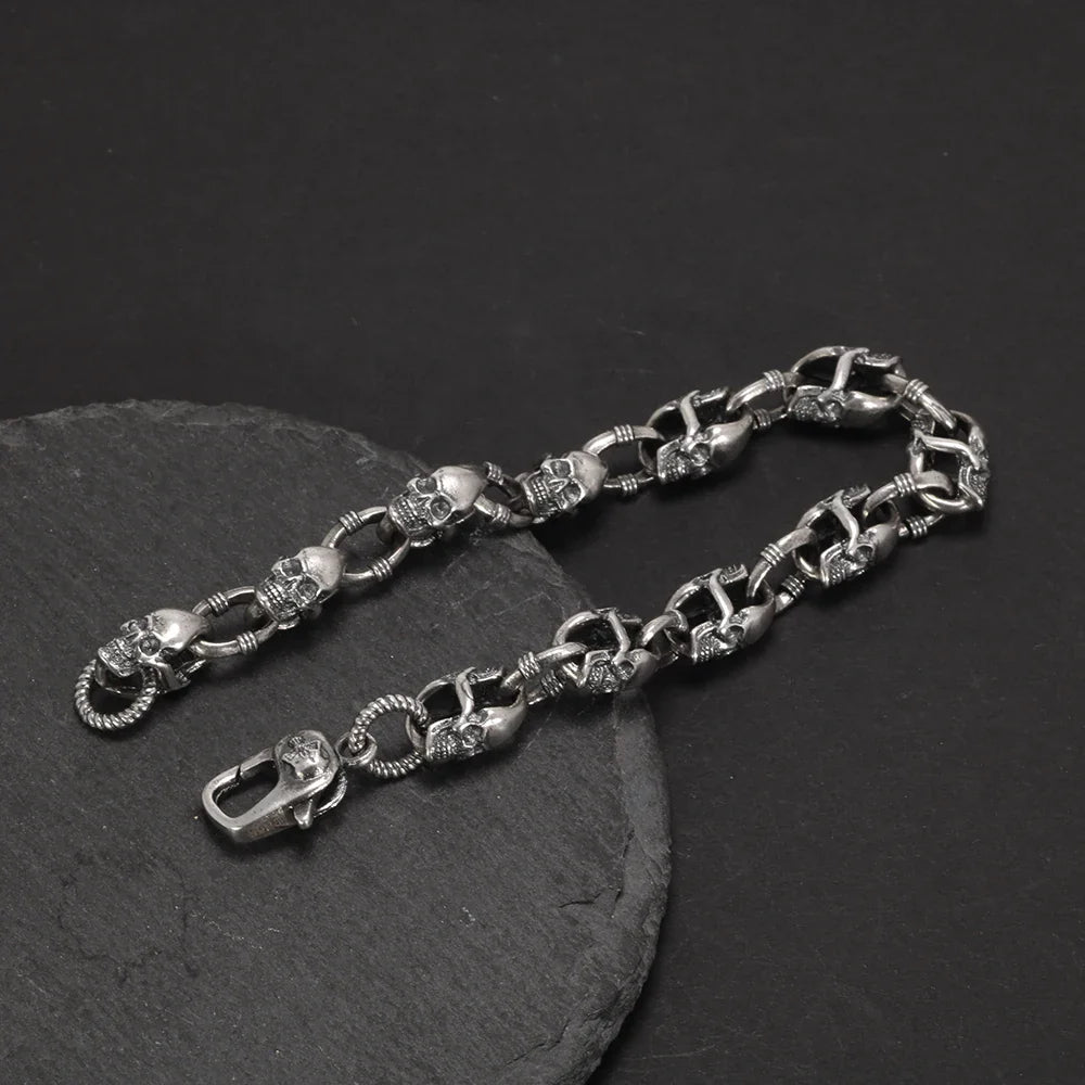 Real 925 Sterling Silver Skull Chain Bracelet for Men and Women Gothic Domineering Street Rock Jewelry Gift