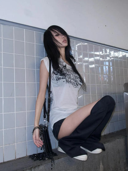 Japanese Y2k Letter Print T-shirt Trashy 2000s Style Tattoo T Shirt Vintage Harajuku Short Sleeve Sheer Tops Grunge Goth