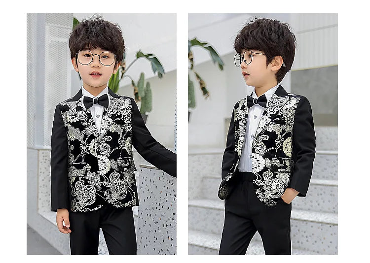 Children Formal Dress Kids Flower Jacket Pants Bowtie 3PCS  Piano Costume Boys Bronzing Show Host Handsome Photography Suit