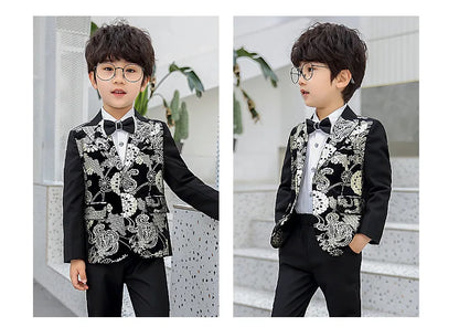 Children Formal Dress Kids Flower Jacket Pants Bowtie 3PCS  Piano Costume Boys Bronzing Show Host Handsome Photography Suit