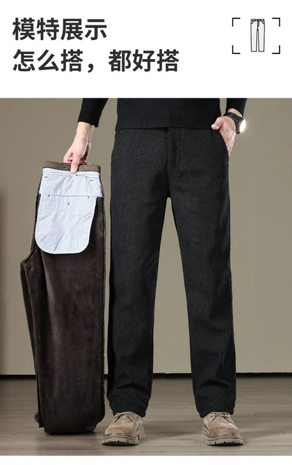 Winter Men Business Fleece Thick Casual Pants Straight Velvet Corduroy Warm Cold Resistant Bottoms Elastic Waist Trousers