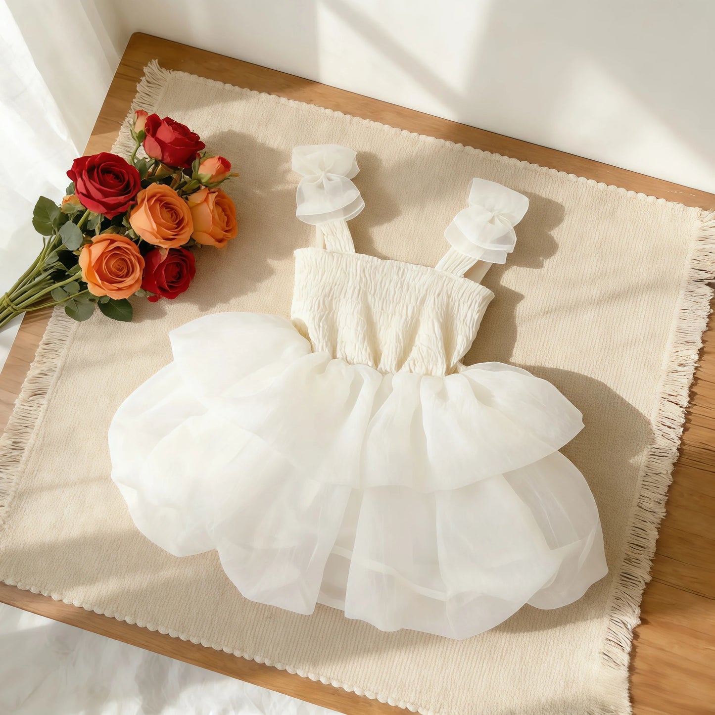 Summer White Bow Strap Princess Party Layered Dress Baby Clothes For Kids Birthday Skirt Toddler Girls Baptism Elegant Dress