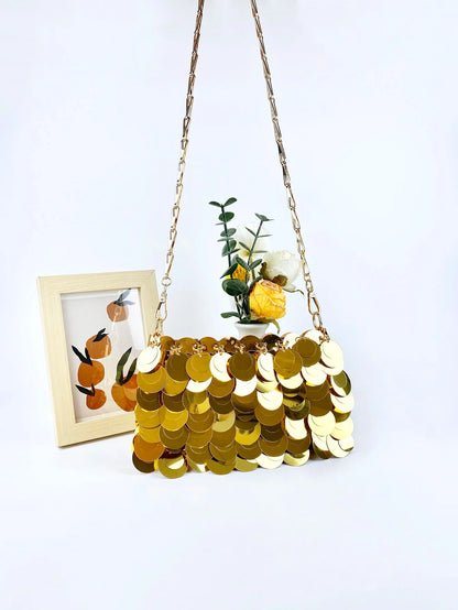 Trendy and cool gold glitter chain, women's fashionable and simple texture, horizontal square bag, personalized bag