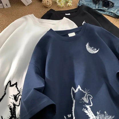 Men's T-shirts Oversized White Big Size 5XL Cotton T Shirt for Men Casual Summer Wear Cat Moon Print Tee Shirts Men Clothing