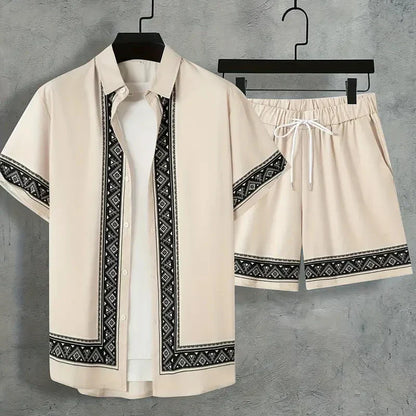 2024 New Men's Summer Holiday Suit Retro Textured Printed Border Shirt Short Sleeve Shorts Two Piece Men's Breathable Pool Suit