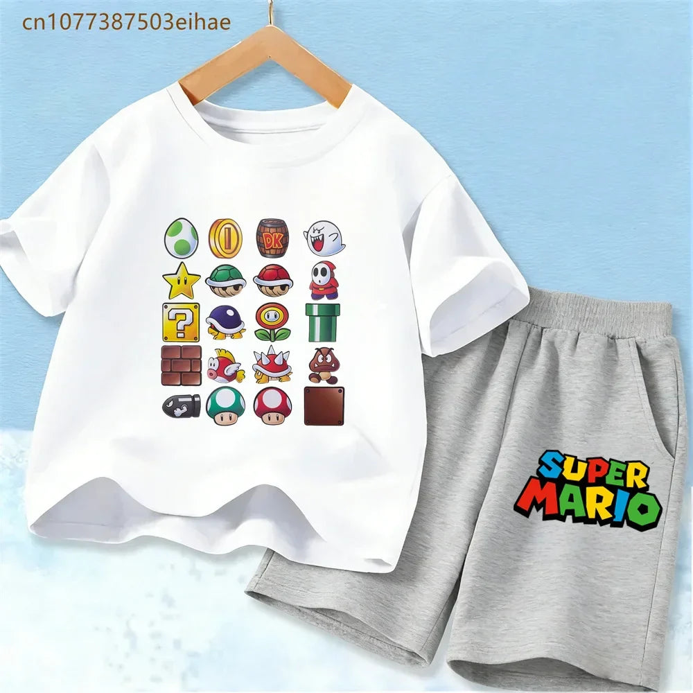 Summer Casual Kids Clothing Set Mario Cartoon Print Pure Cotton Short Sleeve Tee And Shorts 2PCS Wear For Boys Girls