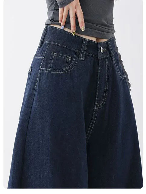 High Waist Straight Leg Loose Fit Denim Jeans Women's Floor Length Lazy Wide Leg Meat Concealing Deep Blue American Style Long P
