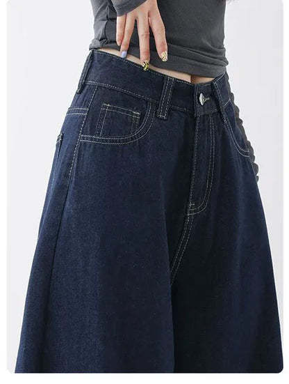High Waist Straight Leg Loose Fit Denim Jeans Women's Floor Length Lazy Wide Leg Meat Concealing Deep Blue American Style Long P