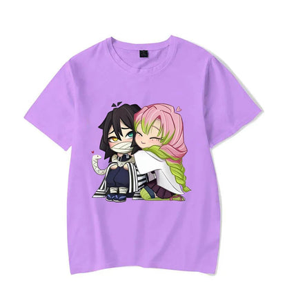 Funny Kanroji Mitsuri Iguro Obanai Cartoon Print T-Shirt Couple Loose Short Sleeve Round Neck Top Anime Casual Shirt Tees