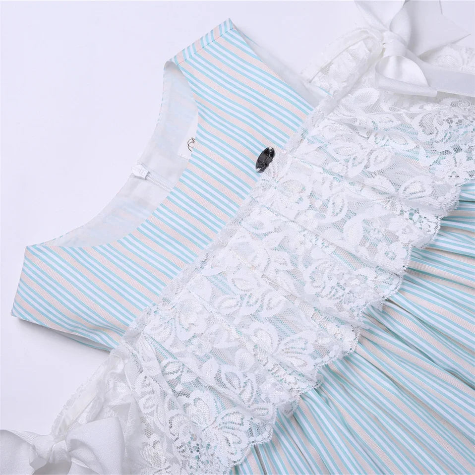 Pettigirl Vestido Casual Infantil Meninas Festa Casamentos Madrinha Princesa Listrado Azul Verão Roupas Infantis 2 a 12 anos