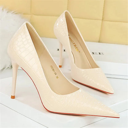 Women 10cm High Heels Stiletto Pumps Pointed Toe Green Nude Heels Office Lady Serpentine Patent Leather Wedding Party Prom Shoes