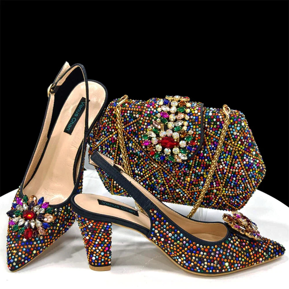Nigerian Women Heel Party Ladies Italian Design Shoes And Bag Set Decorated with Rhinestone Handbag Wedding Party