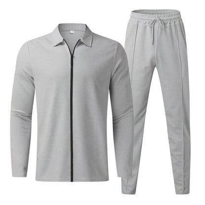 2024 men's new waffle long-sleeved lapel zipper cardigan casual sports suit