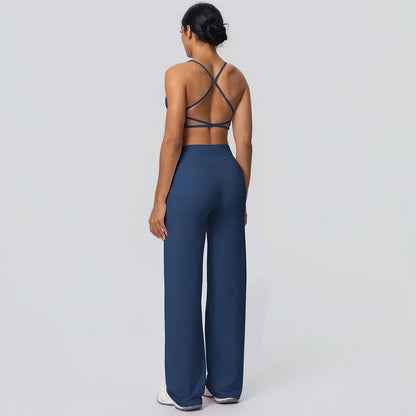 Women Gym Sports Yoga Suit Sexy Beautiful Back Yoga Underwear With Chest Pad Solid Color High Waisted Wide Leg Pants Yoga Set