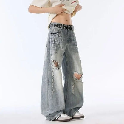 Male Ripped Pants Stretch Solid Blue Casual Men's Wide Leg Trousers Office Work Denim Pants Autumn Korean Vintage Straight Pants