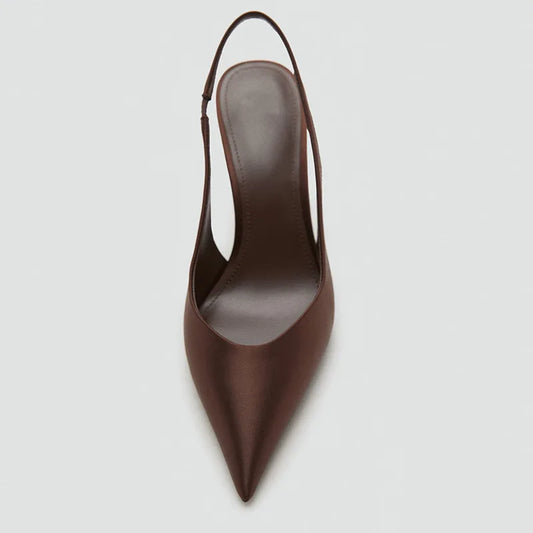 Brown Satin Slingback Women Pumps Sexy Pointed Toe Stiletto High Heels for Ladies Elegant Dress Shoes Comfortable Office Shoes