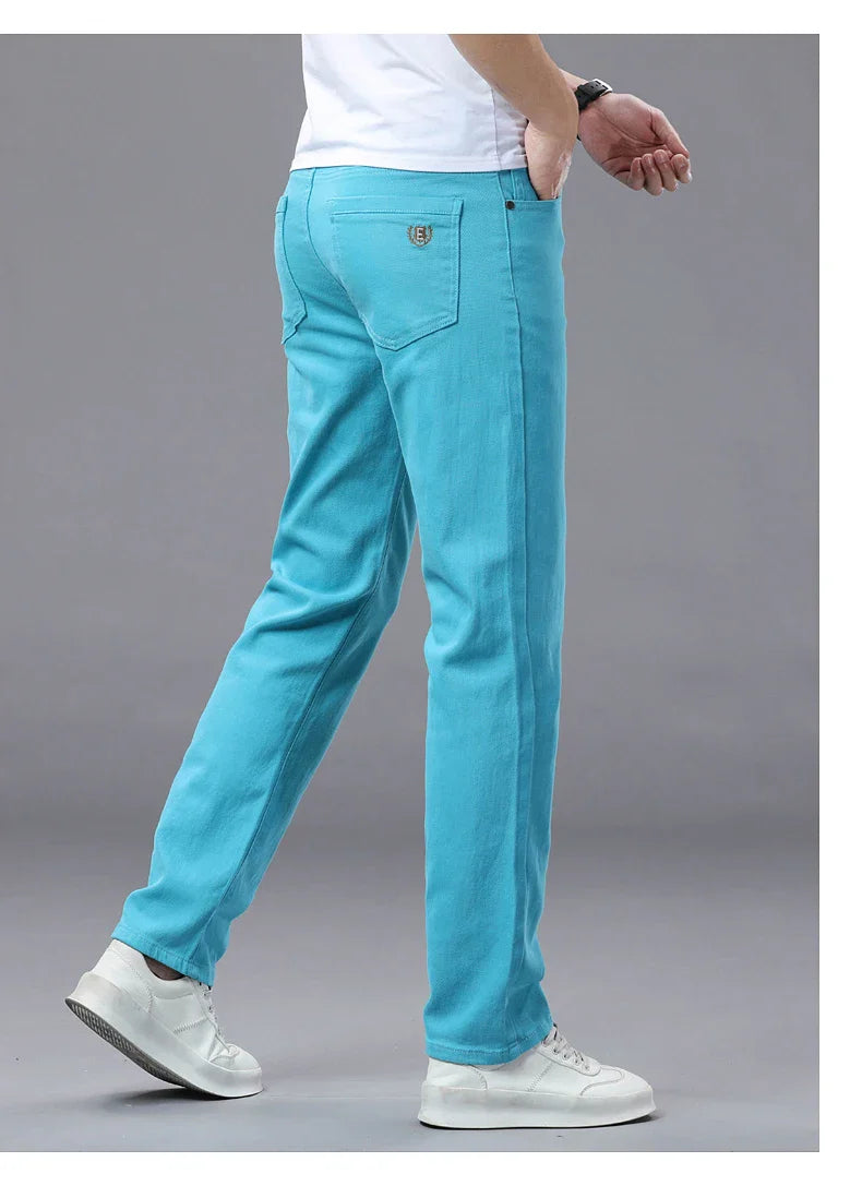 Straight Fashion Men's Jeans Solid Color Casual Business Stretch Washed Denim Trousers Breathable Streetwear Trendy Male Pants