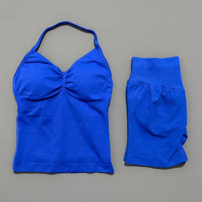 No Logo 2 Pies Sports Set Women Backless Tank Yoga Tops High Waist Scrunch Seamless Shorts Sport Gym Set Sportswear Workout Set