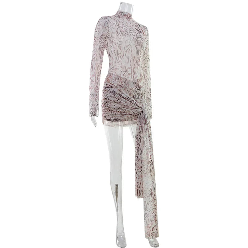 Sexy Sheer Women'Mini Dresses Turtleneck Print Regular Long Sleeves Ribbon Sheath Bodycon Casual Streetwear Female Robe