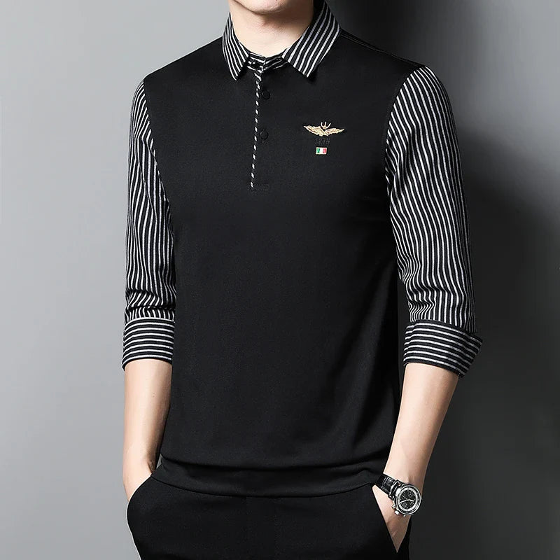2025 New Men's Casual and Fashionable Long Sleeved POLO Shirt with Contrasting Print Anti Wrinkle Top