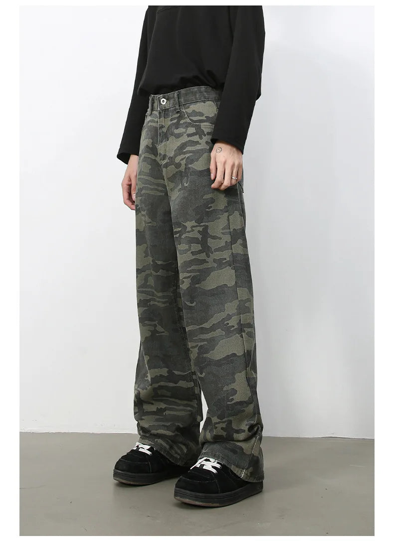 Tide Camouflage Jeans Men's Ins Loose Straight Wide Leg Casual Denim Pants Loose Male Trousers 12C2036