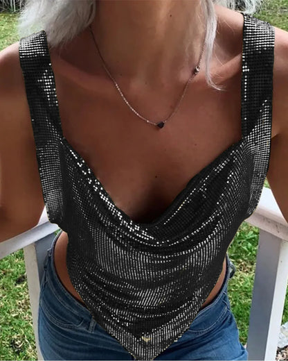 Shiny Metal Sequin Party Tank Top For Women Sexy Deep V Neck Backless Off The Shoulder Camisole Rave Nightclub Crop Top 2024 New