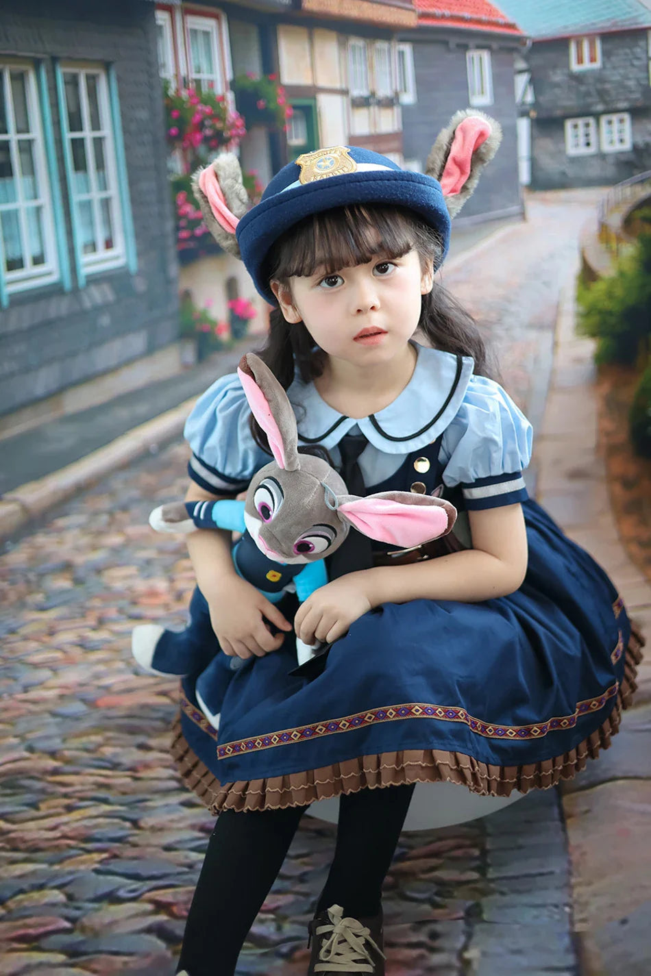 Judy Cosplay Costume Kids Carnival Party Dress Girls Tie Headdress Belt Socks Sets Police Role Play Movie Uniform Birthday Gift