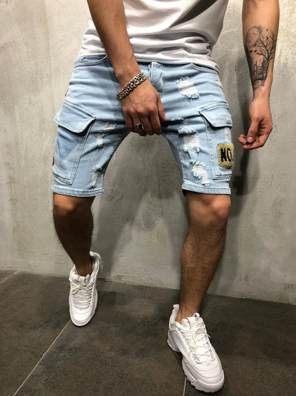 2026 Men's Summer Short Jeans High Stretch Fashion Casual Denim Shorts Male Slim Fit Elastic Badge Pockets Hole Shorts for Men