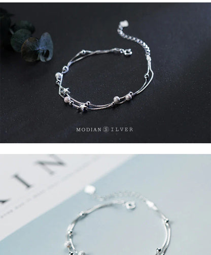 New 925 Sterling Silver Beads Ball Stars Double Layer Bracelet For Women Charm Bracelet Engagement Original Fine Jewelry