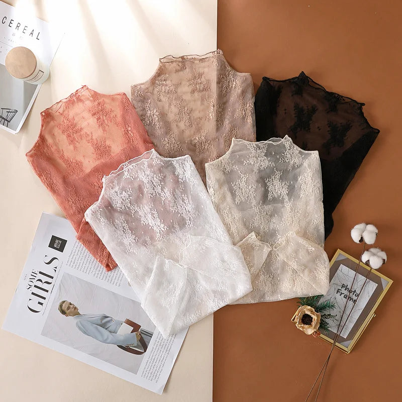 Elegant Sexy Women's Mesh T-Shirts Long Sleeve Lace See Through Blouse Versatile Bottoming Shirt Girls Sheer Tees Body Crop Top