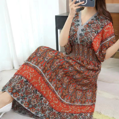 Flower V-neck Elastic Youthful Bohemian Sweet Midi Dress Woman Clothes Chic Fashion Summer Dresses 2025 Large Swing Ski