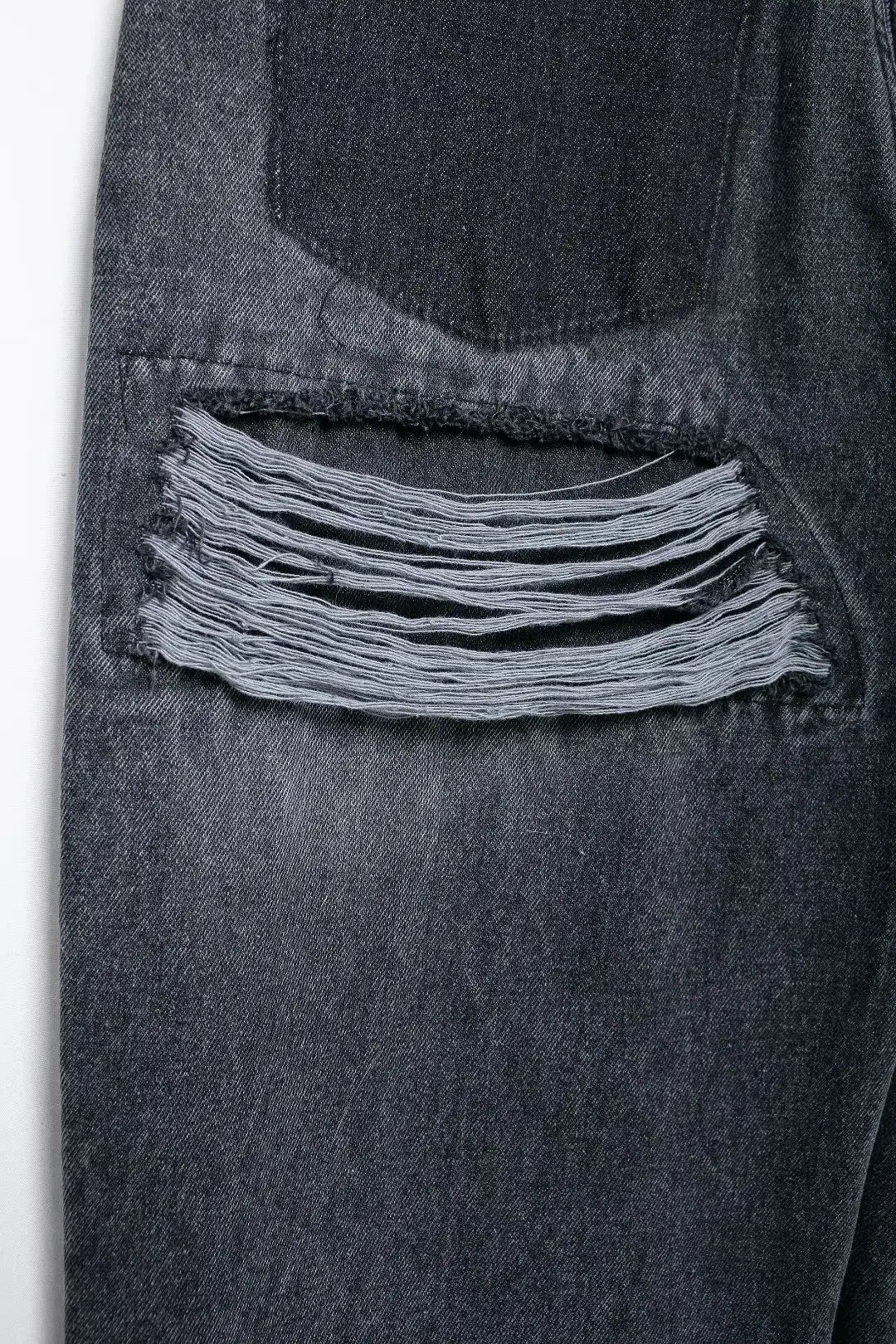 Women's Street Fashion Denim Blue Jeans Distressed Patchwork High Waist Zipper Fly Ripped Retro Long Pants