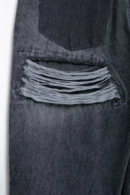 Women's Street Fashion Denim Blue Jeans Distressed Patchwork High Waist Zipper Fly Ripped Retro Long Pants