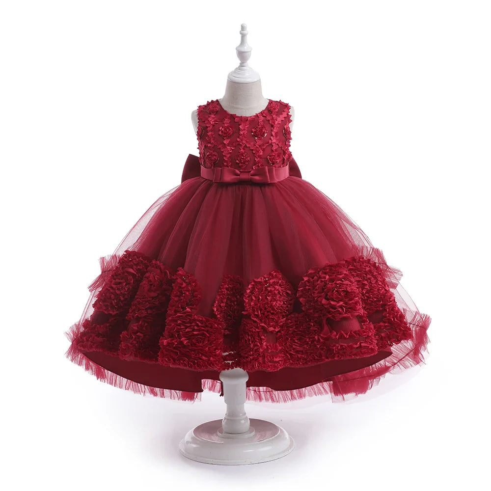 Summer Flower Party Girls Dress Christmas Costume Tulle Trailing Bridesmaid Princess Kids Dresses for Girl Wedding Birthday Gown