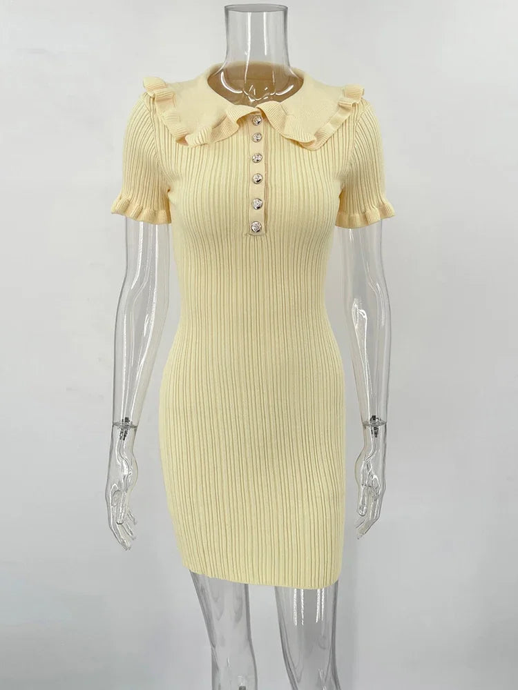 Ruffled Knitted Mini Dresses For Women High Waist Summer 2025 New Short Sleeve Dress Bodycon Female Retro Elegant Dress