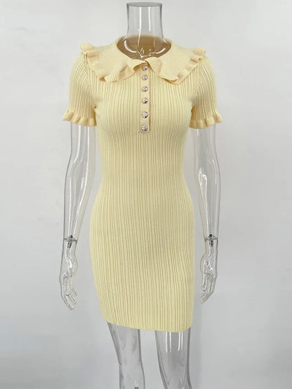 Ruffled Knitted Mini Dresses For Women High Waist Summer 2025 New Short Sleeve Dress Bodycon Female Retro Elegant Dress