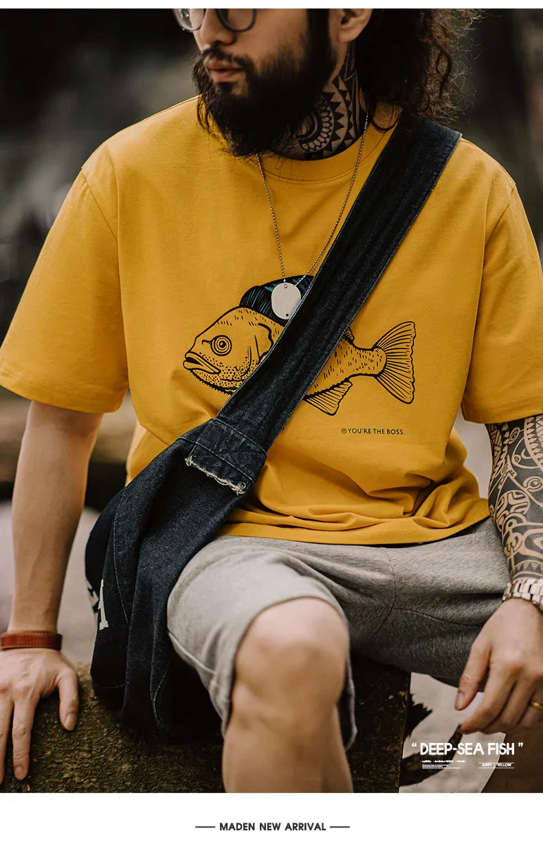 Maden Vintage Flocked Print Short-sleeved T-shirts Animal Pattern Cotton Round Neck Tops for Men's Summer Casual Loose Fit Tee