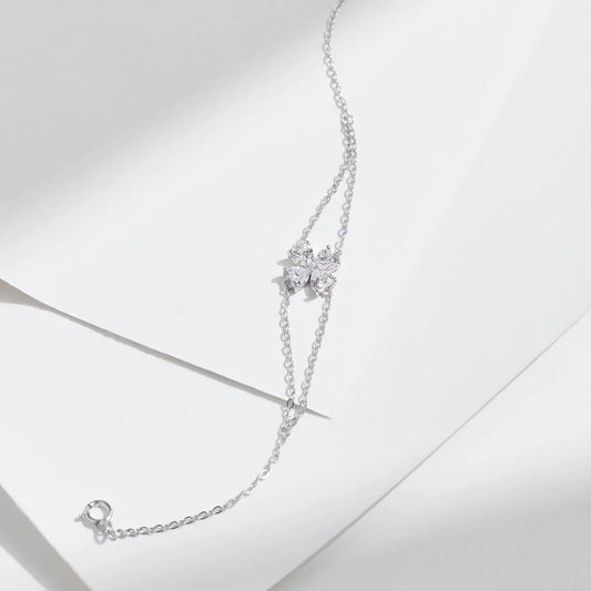 925 Sterling Silver Double Layer Flowers Hearts CZ Romantic Bracelet Luxury Adjustable Chain Link for Women Jewelry