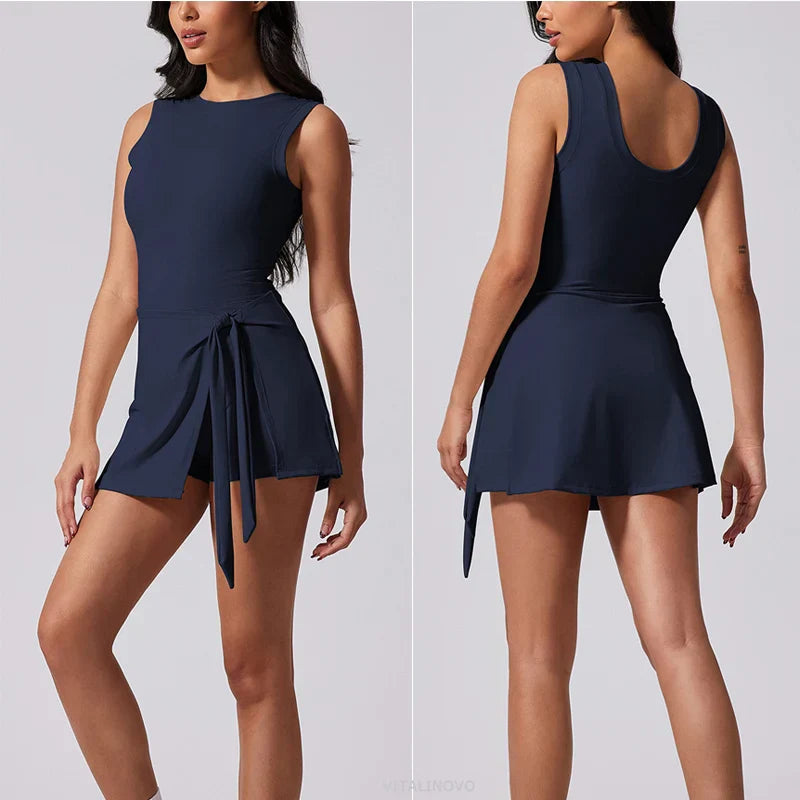 Boat Neck Tennis Dress Golf Dress for Women with Buit-in Short Sleeveless Backless Sarong Wrap Active Dress Workout Romper Dress