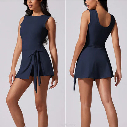 Boat Neck Tennis Dress Golf Dress for Women with Buit-in Short Sleeveless Backless Sarong Wrap Active Dress Workout Romper Dress